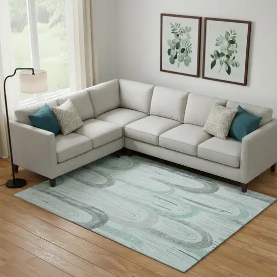 Pale Aqua Gray And Silver Geometric Washable Area Rug With UV Protection Photo 2