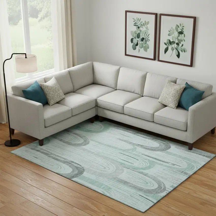 Pale Aqua Gray And Silver Geometric Washable Area Rug With UV Protection Photo 2