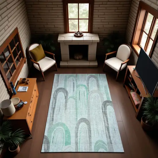 Pale Aqua Gray And Silver Geometric Washable Area Rug With UV Protection Photo 4