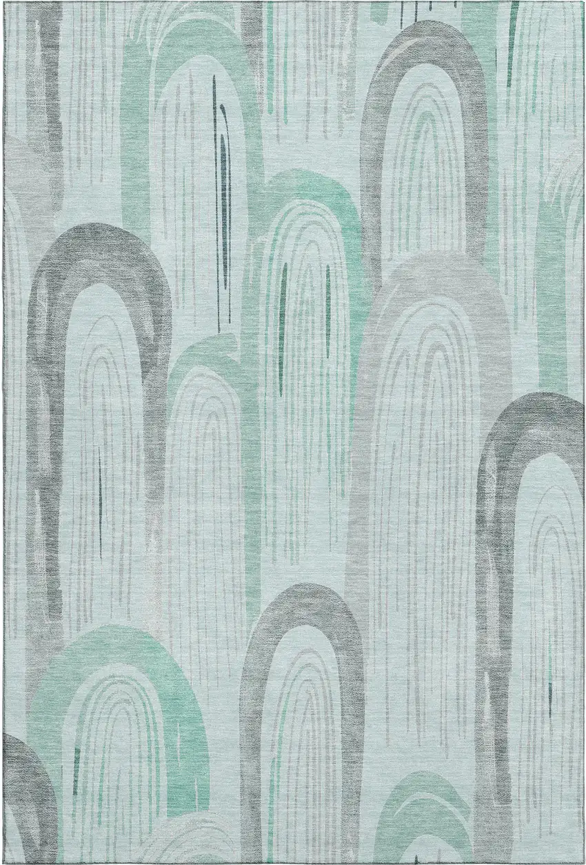 Pale Aqua Gray And Silver Geometric Washable Area Rug With UV Protection Photo 1