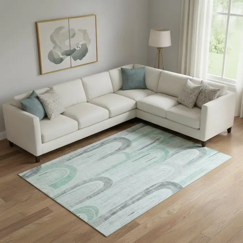 Pale Aqua Gray And Silver Geometric Washable Area Rug With UV Protection Photo 2