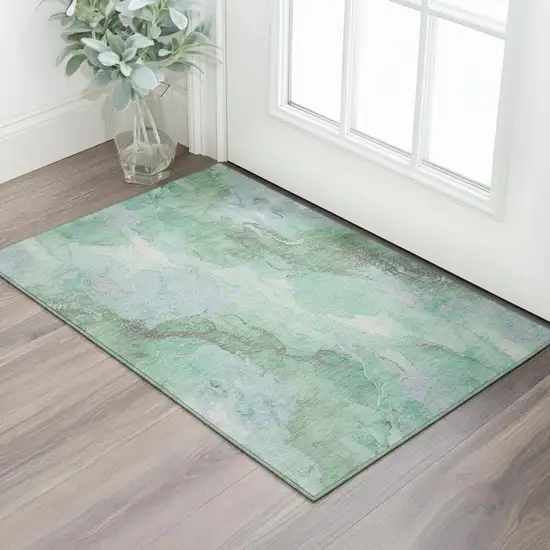 Pale Aqua Green And Ivory Abstract Washable Area Rug With UV Protection Photo 2