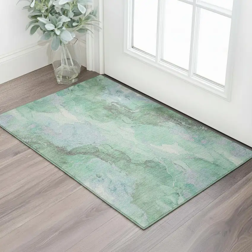 Pale Aqua Green And Ivory Abstract Washable Area Rug With UV Protection Photo 2