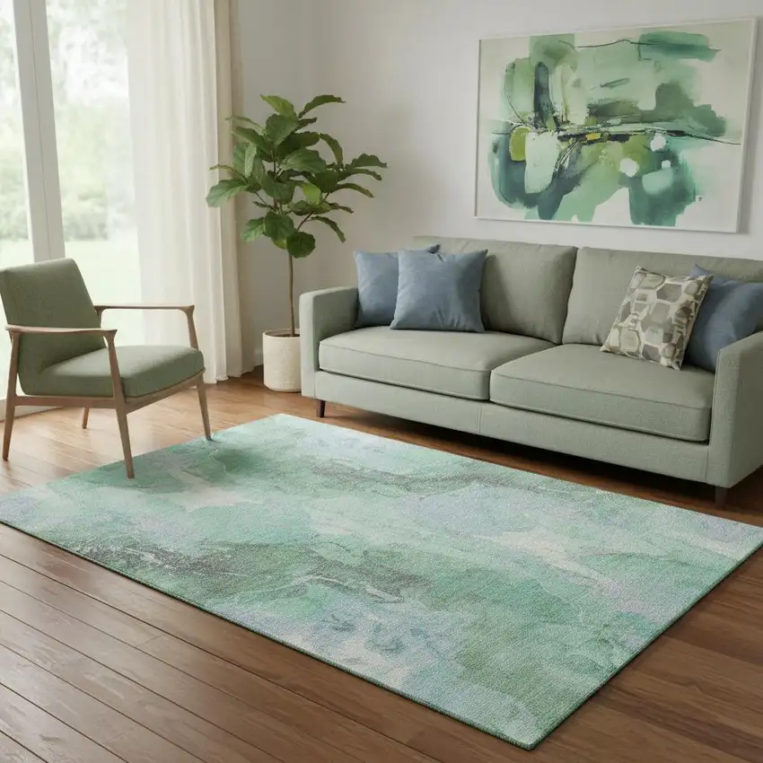 Pale Aqua Green And Ivory Abstract Washable Area Rug With UV Protection Photo 2