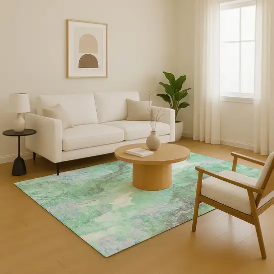 Pale Aqua Green And Ivory Abstract Washable Area Rug With UV Protection Photo 5
