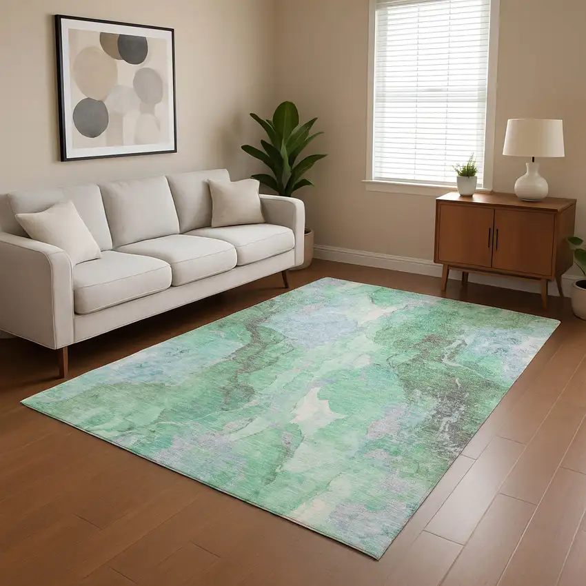 Pale Aqua Green And Ivory Abstract Washable Area Rug With UV Protection Photo 4