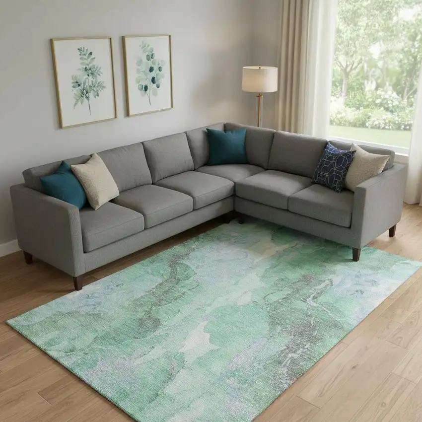 Pale Aqua Green And Ivory Abstract Washable Area Rug With UV Protection Photo 2