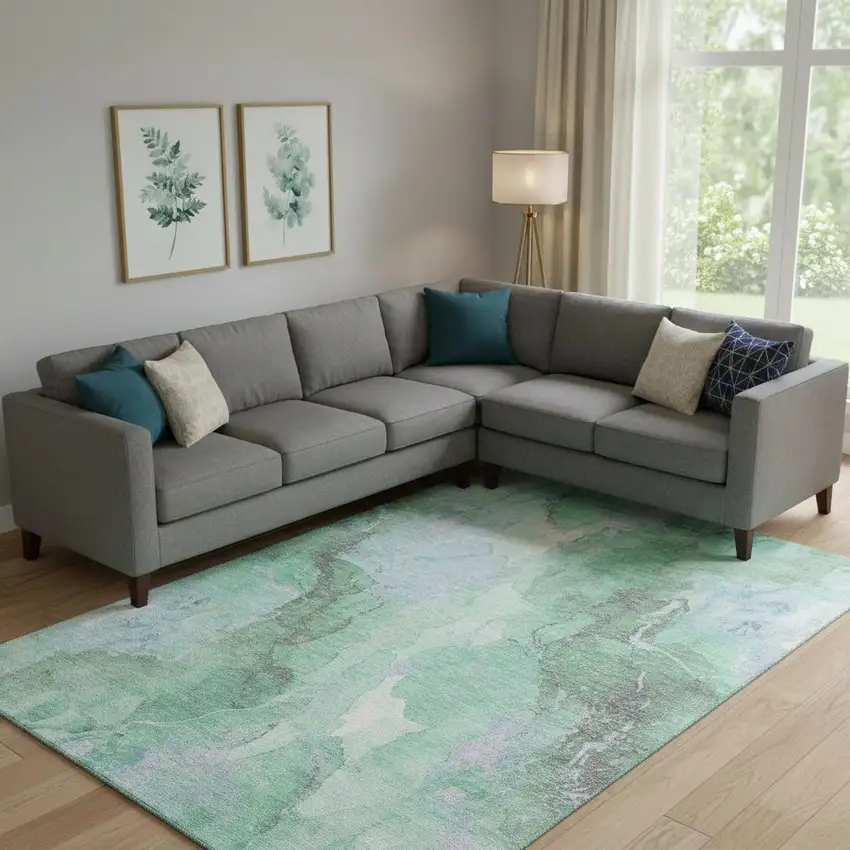 Pale Aqua Green And Ivory Abstract Washable Area Rug With UV Protection Photo 2