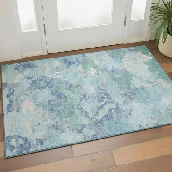 Pale Aqua Ivory And Gray Abstract Washable Area Rug With UV Protection Photo 2