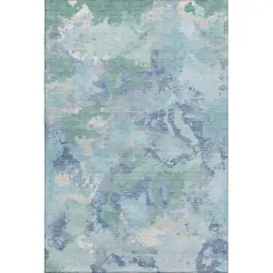 Photo of Pale Aqua Ivory And Gray Abstract Washable Area Rug With UV Protection