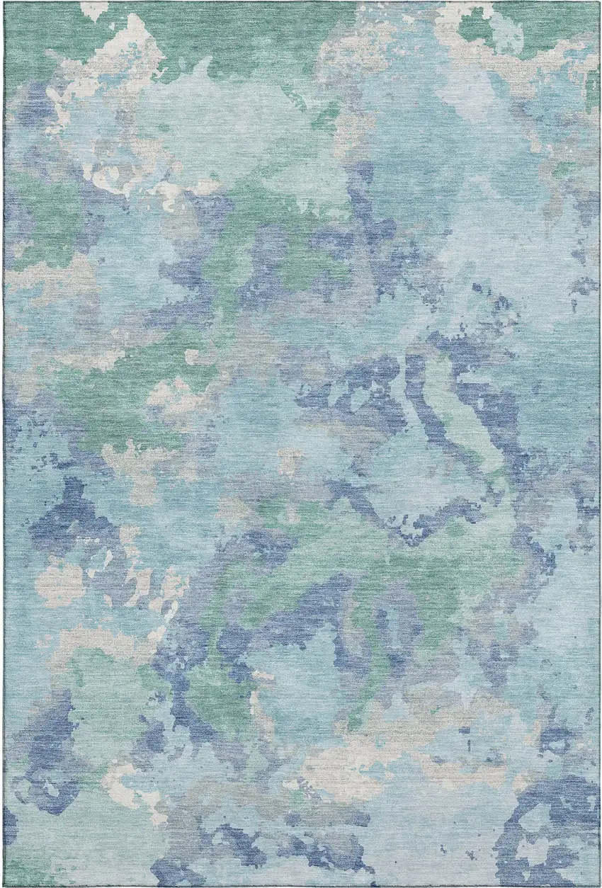 Pale Aqua Ivory And Gray Abstract Washable Area Rug With UV Protection Photo 1