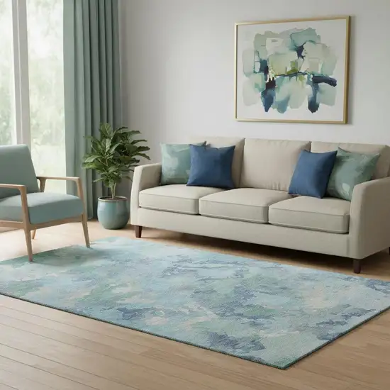 Pale Aqua Ivory And Gray Abstract Washable Area Rug With UV Protection Photo 2