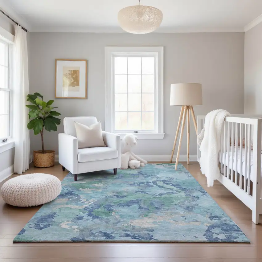 Pale Aqua Ivory And Gray Abstract Washable Area Rug With UV Protection Photo 5