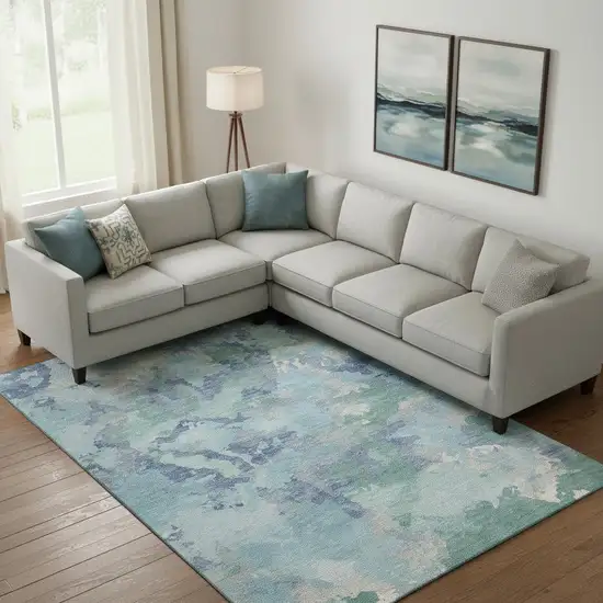 Pale Aqua Ivory And Gray Abstract Washable Area Rug With UV Protection Photo 2