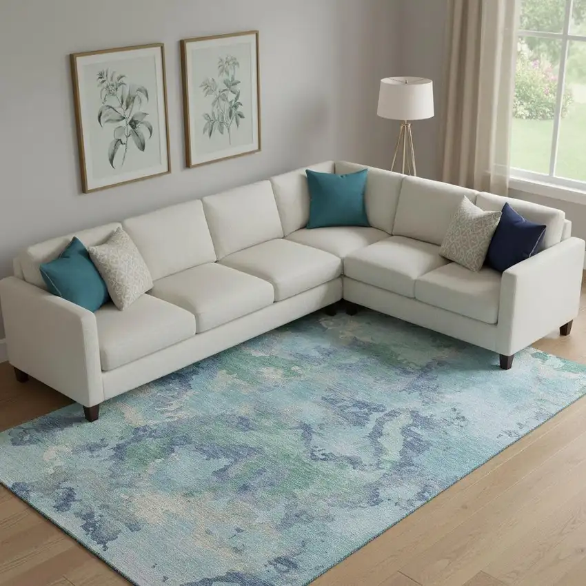 Pale Aqua Ivory And Gray Abstract Washable Area Rug With UV Protection Photo 2