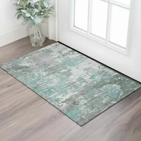Pale Aqua Ivory And Gray Abstract Washable Area Rug With UV Protection Photo 2