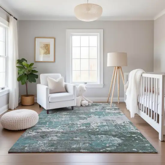 Pale Aqua Ivory And Gray Abstract Washable Area Rug With UV Protection Photo 5
