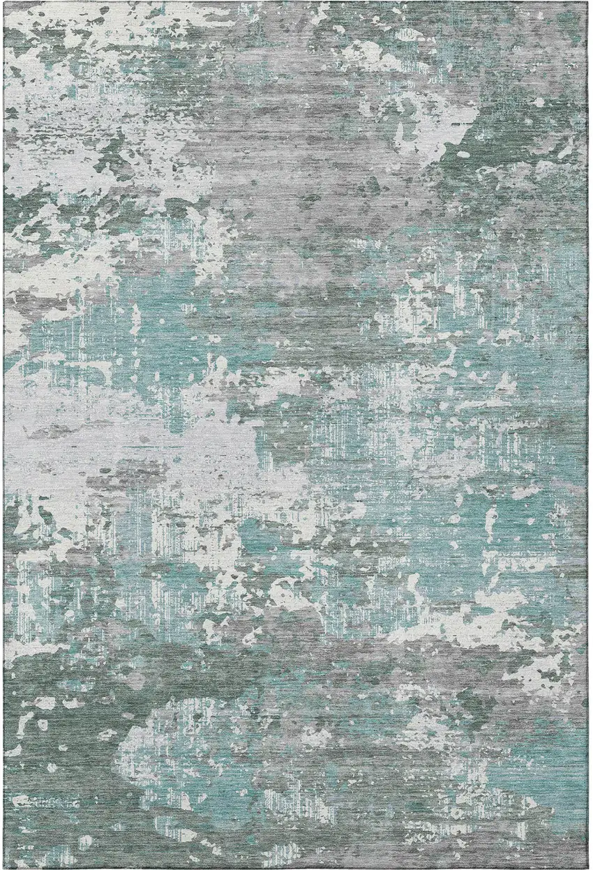 Pale Aqua Ivory And Gray Abstract Washable Area Rug With UV Protection Photo 3
