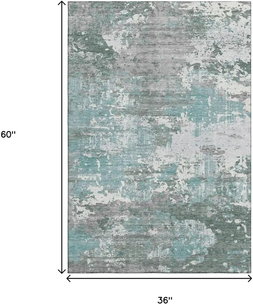 Pale Aqua Ivory And Gray Abstract Washable Area Rug With UV Protection Photo 3