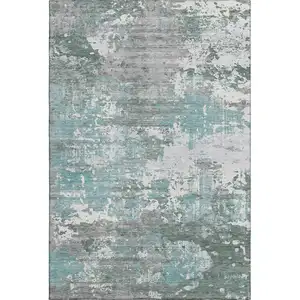 Photo of Pale Aqua Ivory And Gray Abstract Washable Area Rug With UV Protection