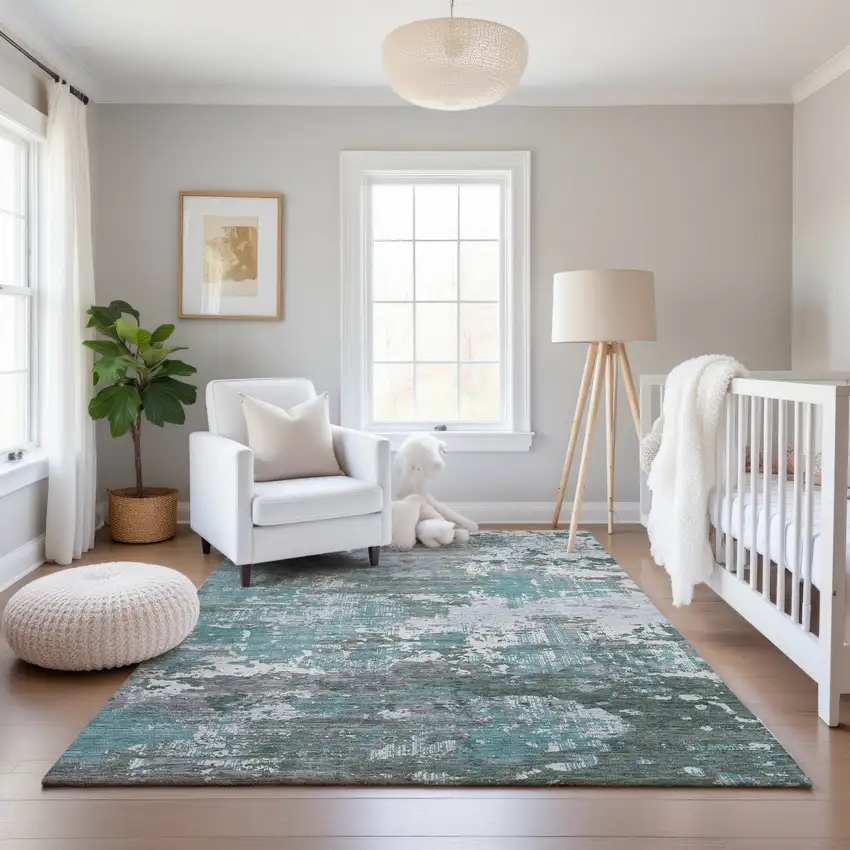 Pale Aqua Ivory And Gray Abstract Washable Area Rug With UV Protection Photo 5