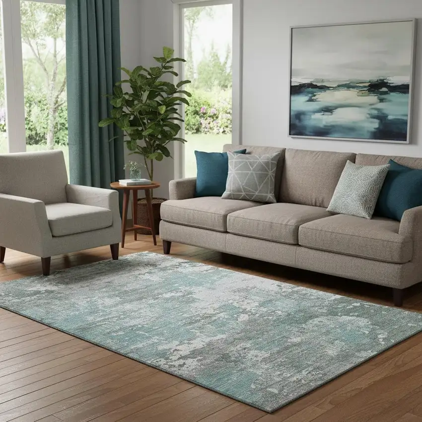Pale Aqua Ivory And Gray Abstract Washable Area Rug With UV Protection Photo 2