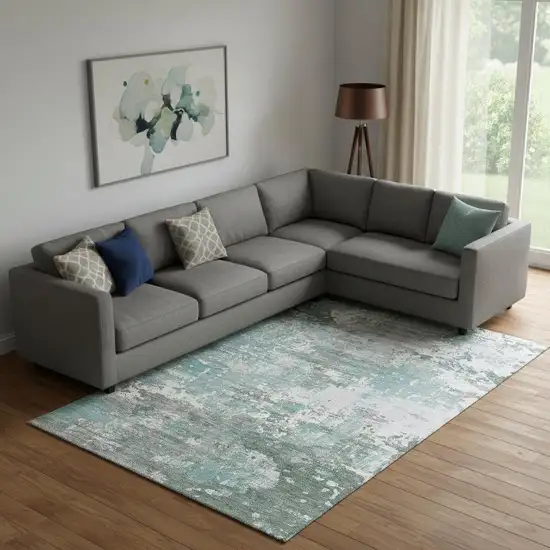 Pale Aqua Ivory And Gray Abstract Washable Area Rug With UV Protection Photo 2