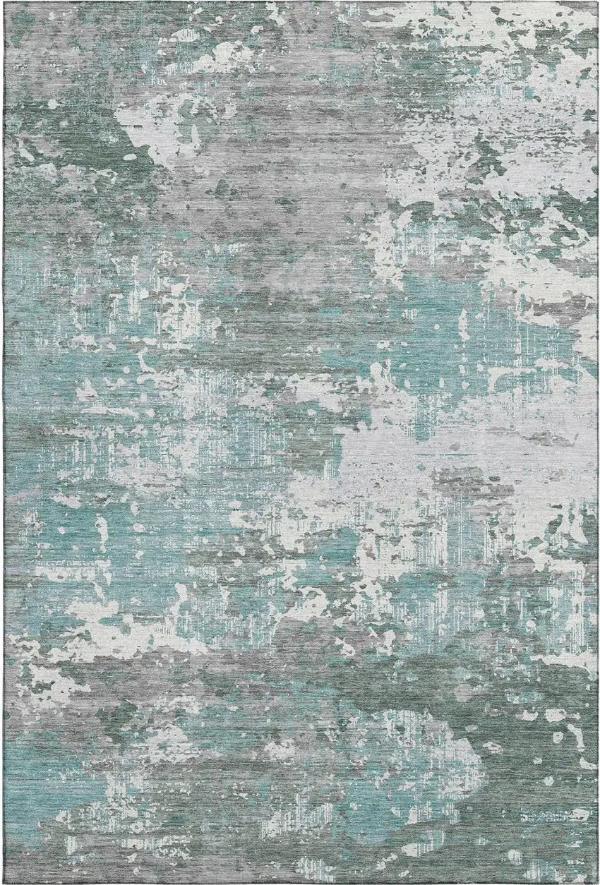 Pale Aqua Ivory And Gray Abstract Washable Area Rug With UV Protection Photo 1