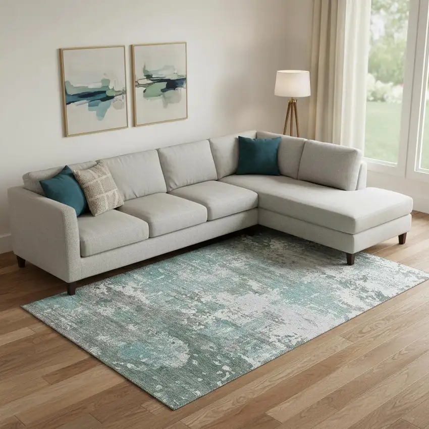 Pale Aqua Ivory And Gray Abstract Washable Area Rug With UV Protection Photo 2
