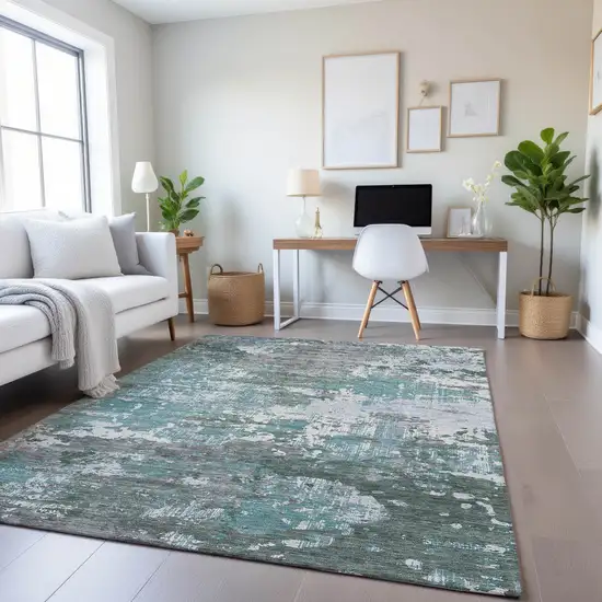 Pale Aqua Ivory And Gray Abstract Washable Area Rug With UV Protection Photo 4