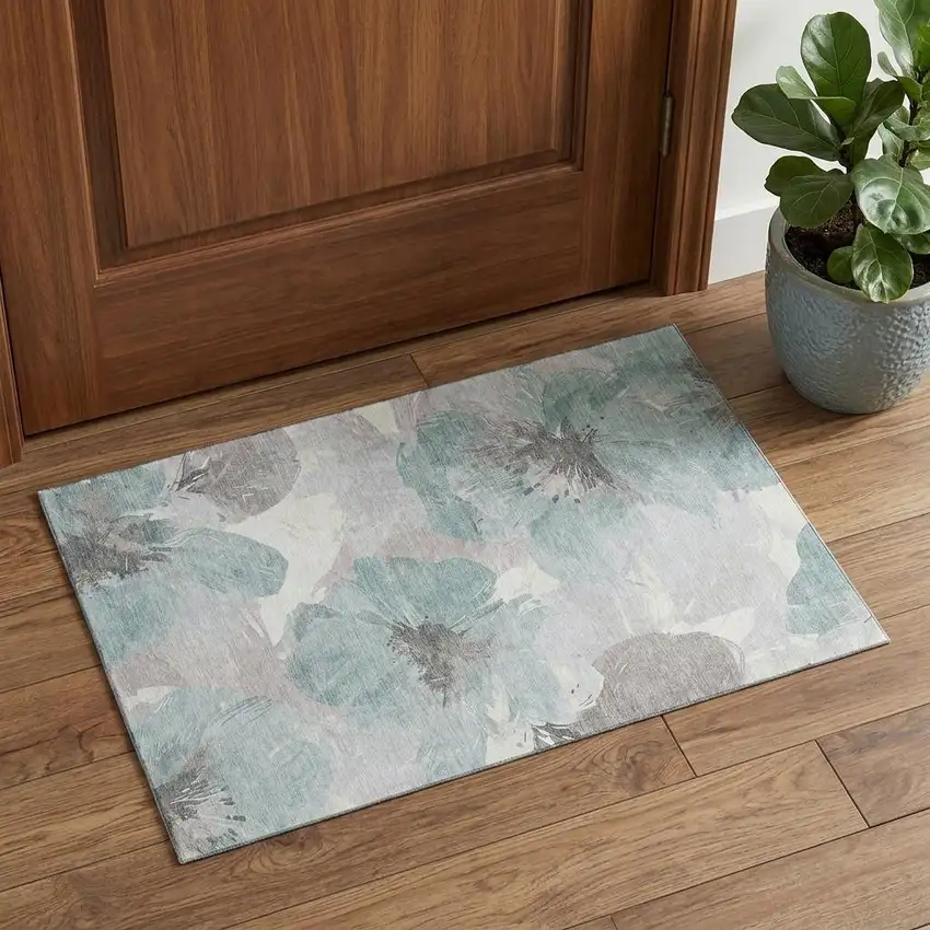 Pale Aqua Ivory And Gray Floral Washable Area Rug With UV Protection Photo 1