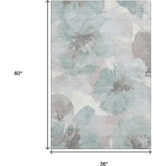Pale Aqua Ivory And Gray Floral Washable Area Rug With UV Protection Photo 9