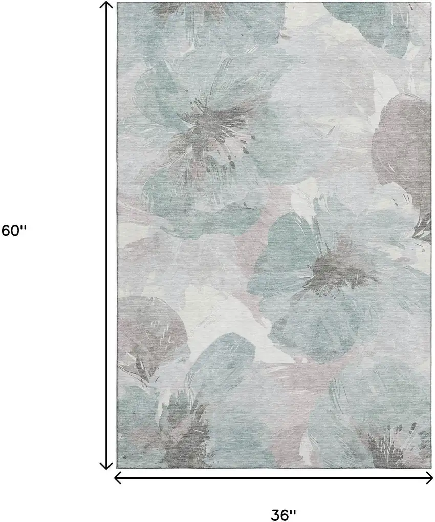Pale Aqua Ivory And Gray Floral Washable Area Rug With UV Protection Photo 9
