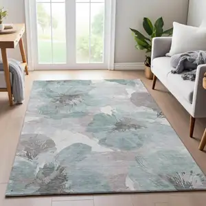 Photo of Pale Aqua Ivory And Gray Floral Washable Area Rug With UV Protection