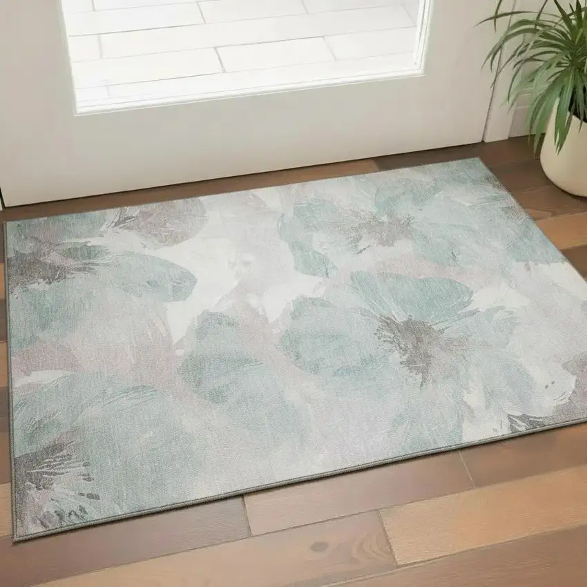 Pale Aqua Ivory And Gray Floral Washable Area Rug With UV Protection Photo 2