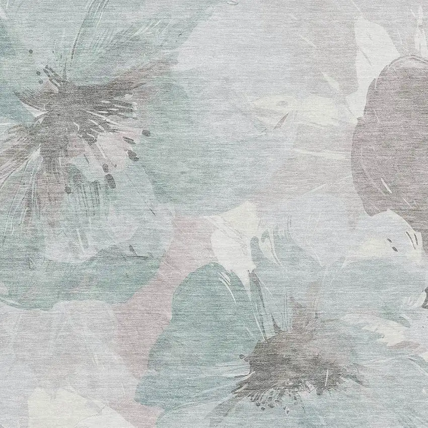 Pale Aqua Ivory And Gray Floral Washable Area Rug With UV Protection Photo 2