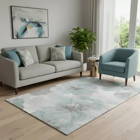 Pale Aqua Ivory And Gray Floral Washable Area Rug With UV Protection Photo 2
