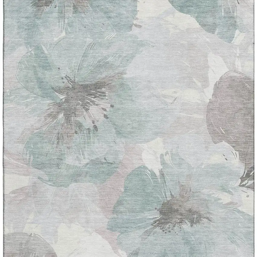 Pale Aqua Ivory And Gray Floral Washable Area Rug With UV Protection Photo 3