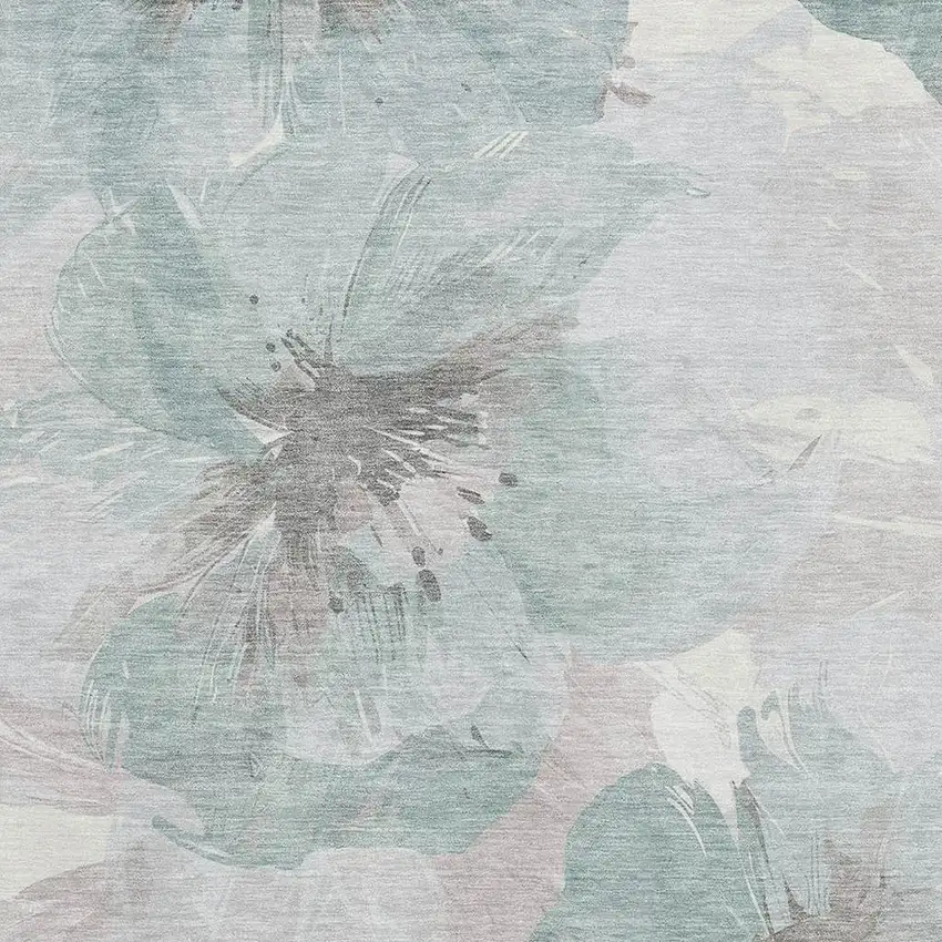 Pale Aqua Ivory And Gray Floral Washable Area Rug With UV Protection Photo 2