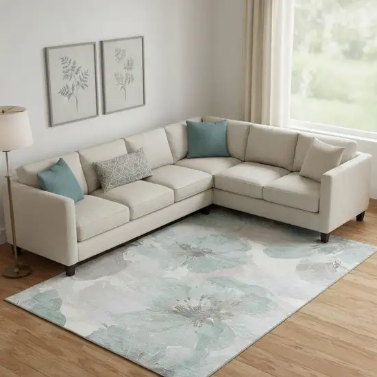 Pale Aqua Ivory And Gray Floral Washable Area Rug With UV Protection Photo 2