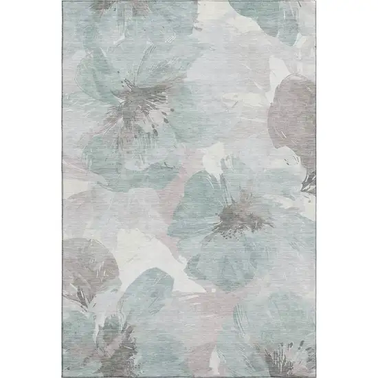 Pale Aqua Ivory And Gray Floral Washable Area Rug With UV Protection Photo 1