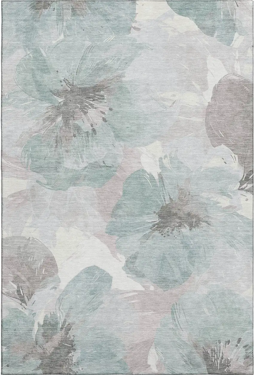 Pale Aqua Ivory And Gray Floral Washable Area Rug With UV Protection Photo 1