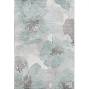 Photo of Pale Aqua Ivory And Gray Floral Washable Area Rug With UV Protection
