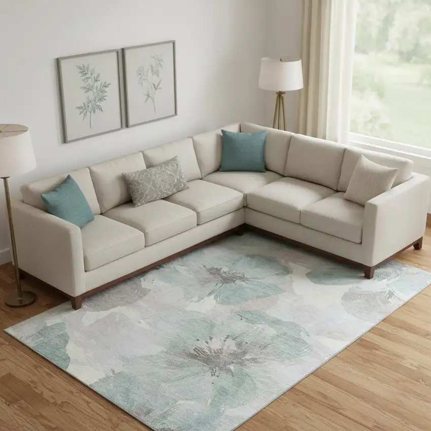 Pale Aqua Ivory And Gray Floral Washable Area Rug With UV Protection Photo 2