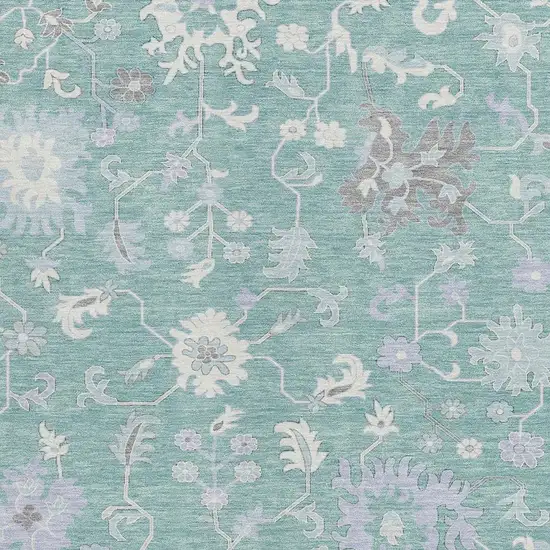 Pale Aqua Ivory And Gray Floral Washable Indoor Outdoor Area Rug Photo 3