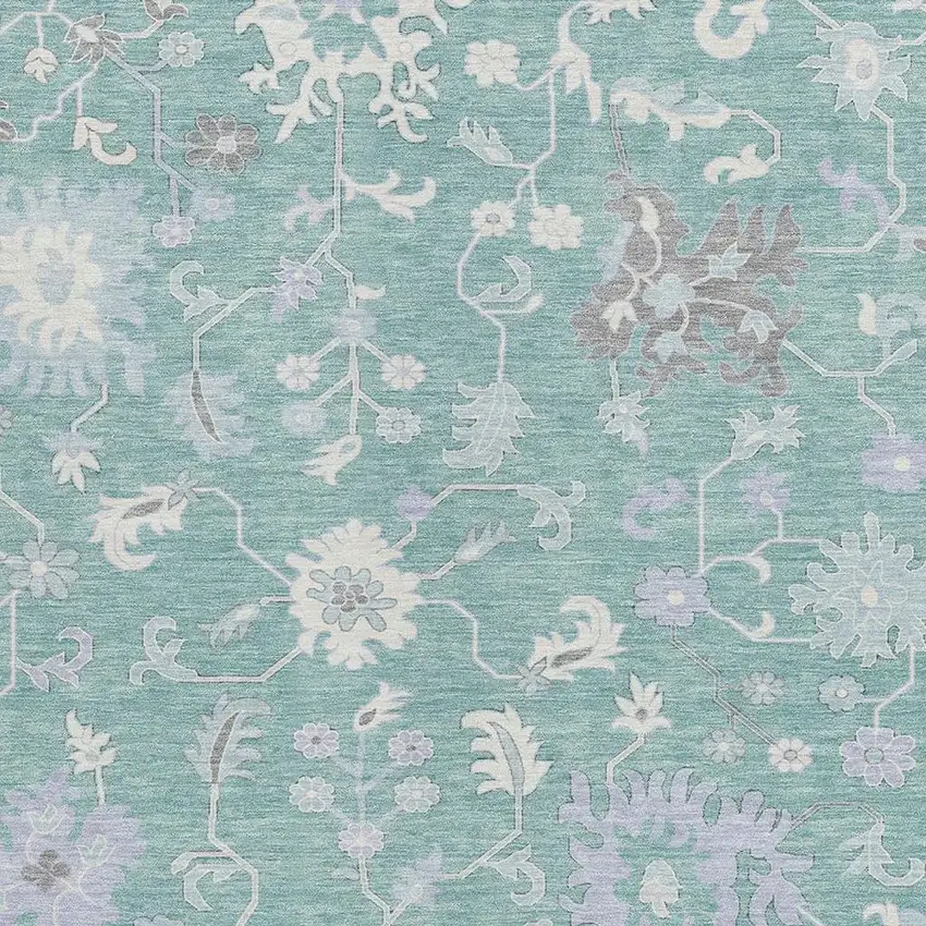Pale Aqua Ivory And Gray Floral Washable Indoor Outdoor Area Rug Photo 3