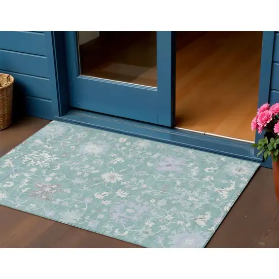 Pale Aqua Ivory And Gray Floral Washable Indoor Outdoor Area Rug Photo 2