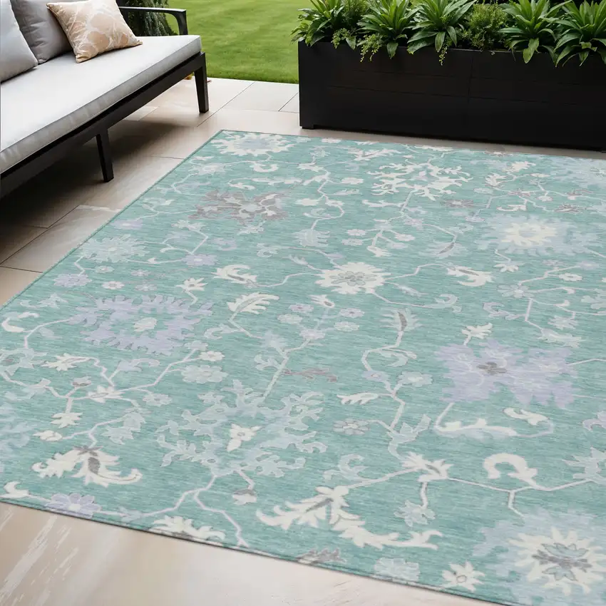 Pale Aqua Ivory And Gray Floral Washable Indoor Outdoor Area Rug Photo 2