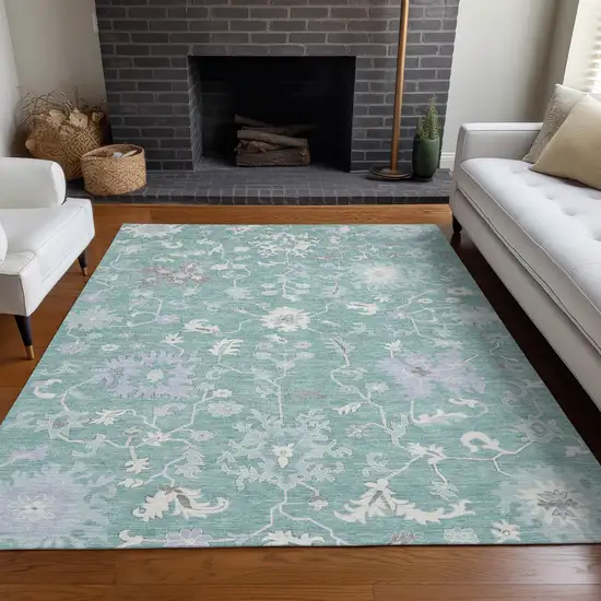 Pale Aqua Ivory And Gray Floral Washable Indoor Outdoor Area Rug Photo 6