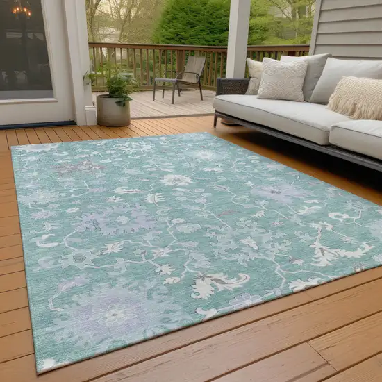 Pale Aqua Ivory And Gray Floral Washable Indoor Outdoor Area Rug Photo 7